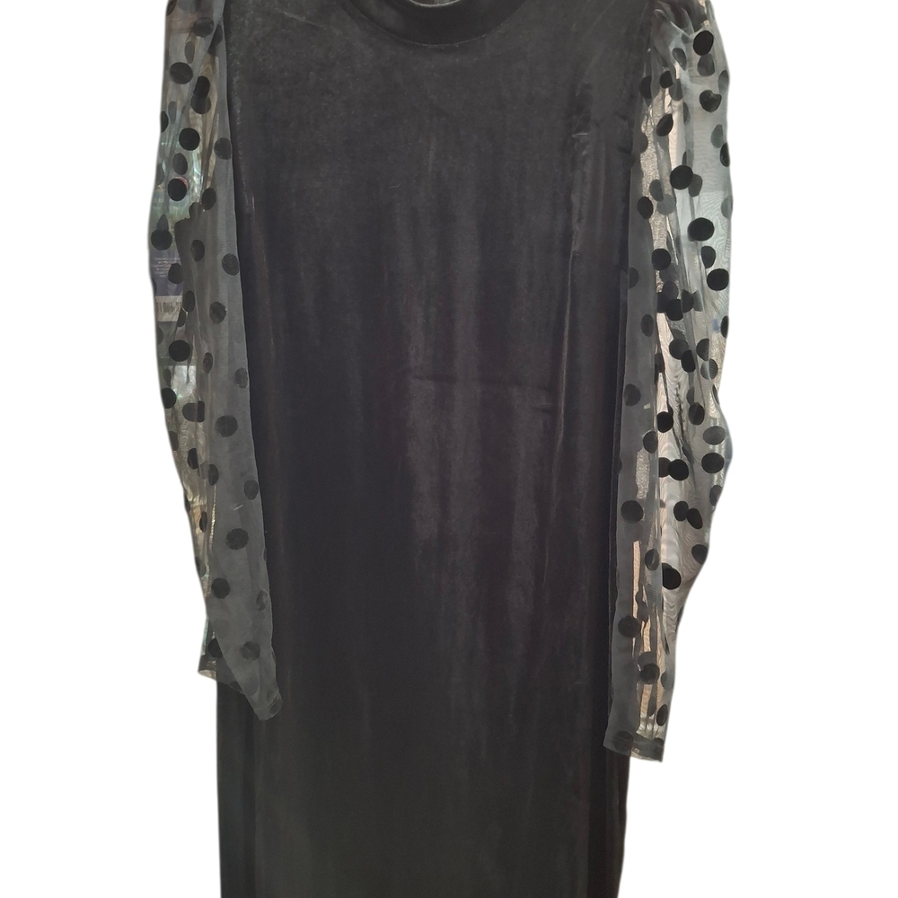 Elegant Black Long Sleeve Dress with Sheer Polka Dot Sleeves